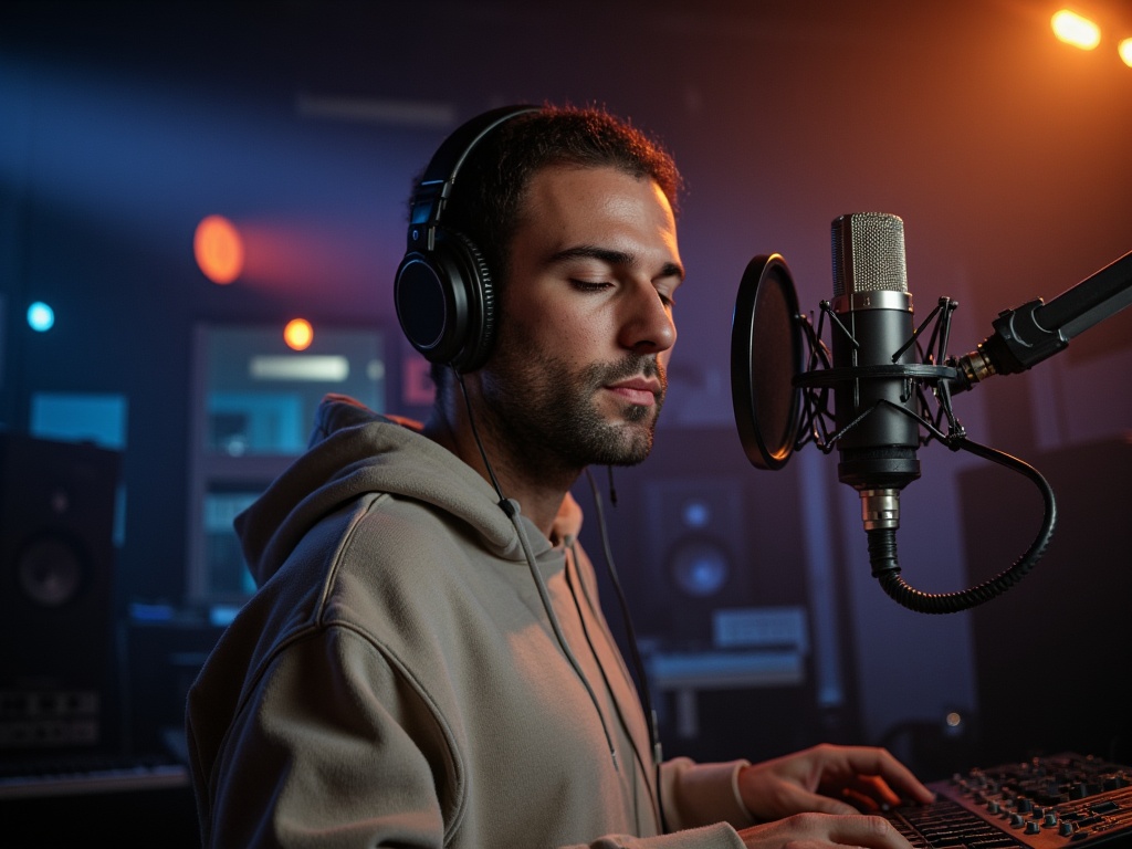 Artiste chantant au micro en studio